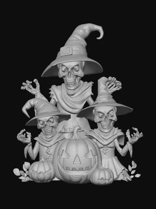 3D model for Skeleton Witches of Halloween Night”
Prompt:
Three cartoon-style skeleton witches wearing colorful robes and wide-brimmed pointed hats, standing together in front of a glowing orange full moon. Each witch has glowing orange eyes and a mischievous grin, with bony hands raised as if casting a spell. The central witch is taller, wearing a dark teal hat and purple robe, while the two smaller witches wear orange and purple hats with green and violet garments. In front of them sit several carved jack-o'-lantern pumpkins with cheerful and spooky expressions. Bats fly around the scene, and subtle skull-shaped wisps float in the background. Include autumn leaves, small candies, and vines near the pumpkins. Style should be bright, polished, and slightly exaggerated, #Halloween2025#