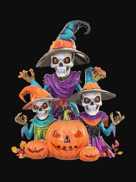 3D model for Skeleton Witches of Halloween Night”
Prompt:
Three cartoon-style skeleton witches wearing colorful robes and wide-brimmed pointed hats, standing together in front of a glowing orange full moon. Each witch has glowing orange eyes and a mischievous grin, with bony hands raised as if casting a spell. The central witch is taller, wearing a dark teal hat and purple robe, while the two smaller witches wear orange and purple hats with green and violet garments. In front of them sit several carved jack-o'-lantern pumpkins with cheerful and spooky expressions. Bats fly around the scene, and subtle skull-shaped wisps float in the background. Include autumn leaves, small candies, and vines near the pumpkins. Style should be bright, polished, and slightly exaggerated, #Halloween2025#