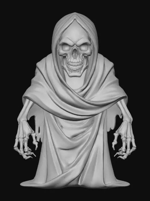 3D model for Reaper Shade,The Cemetery Ghoul hunched grave-eater with gray decayed skin, glowing yellow eyes, long claws, torn burial shroud hanging in strips, textures: leathery cracked skin, matte cloth shreds, wet gloss on hands and mouth, faint inner glow, full-body symmetrical, #Halloween2025#