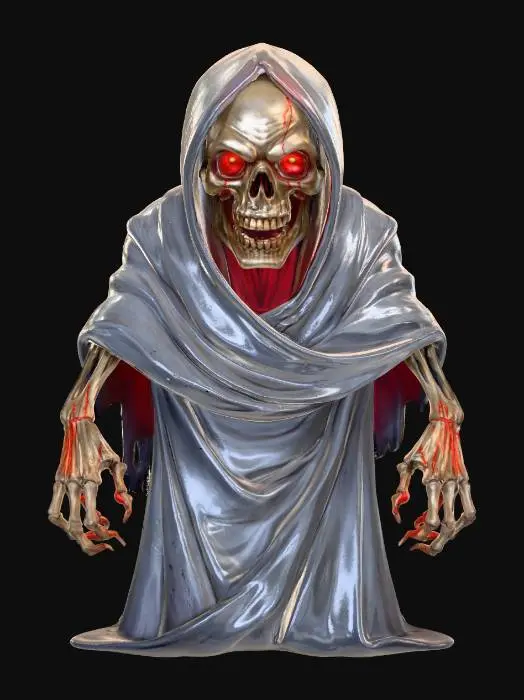 3D model for Reaper Shade,The Cemetery Ghoul hunched grave-eater with gray decayed skin, glowing yellow eyes, long claws, torn burial shroud hanging in strips, textures: leathery cracked skin, matte cloth shreds, wet gloss on hands and mouth, faint inner glow, full-body symmetrical, #Halloween2025#