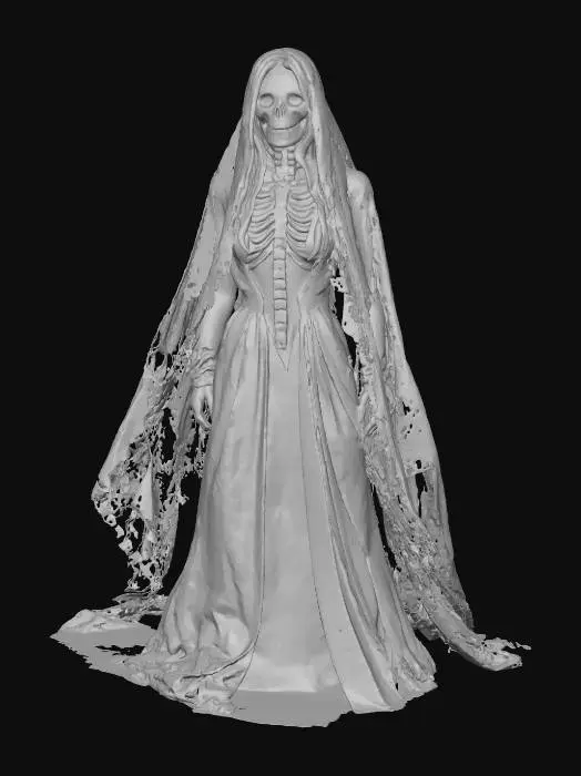 3D model for Lady Wraithmoor elegant ghost bride with transparent veil trailing into mist, hollow black eyes, glowing blue ribcage visible through dress, textures: sheer silk fabric, translucent ghost material, soft internal light core, full-body symmetrical, #Halloween2025#