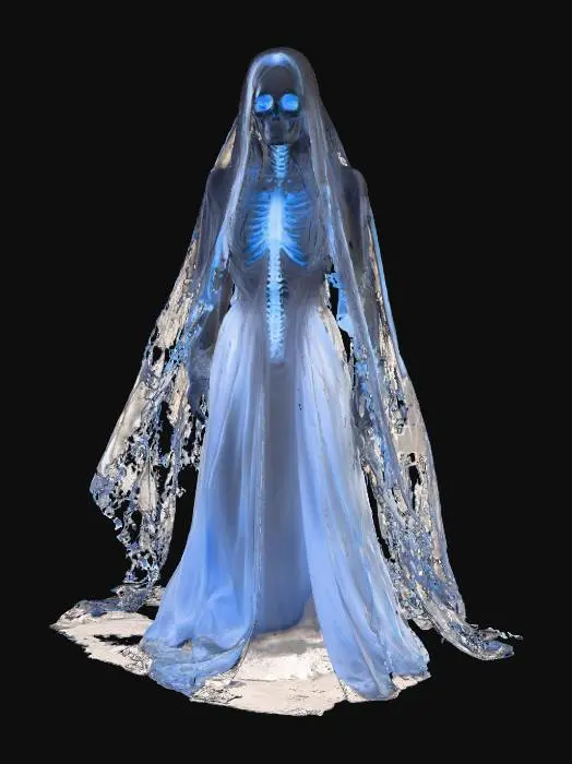 3D model for Lady Wraithmoor elegant ghost bride with transparent veil trailing into mist, hollow black eyes, glowing blue ribcage visible through dress, textures: sheer silk fabric, translucent ghost material, soft internal light core, full-body symmetrical, #Halloween2025#