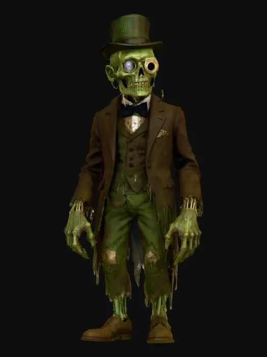 3D model for Baron Rotfang

zombie aristocrat with stitched lips, worm-ridden face, velvet suit coated in dirt, monocle cracked, textures: decayed flesh, soft velvet, mud crust, glossy exposed bone, full-body symmetrical, #Halloween2025#