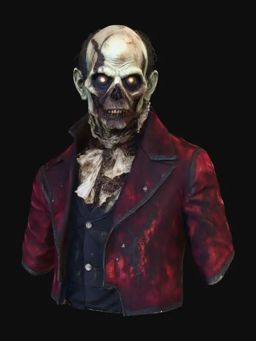 3D model for Vampire Elegance, Baron Rotfang

zombie aristocrat with stitched lips, worm-ridden face, velvet suit coated in dirt, monocle cracked, textures: decayed flesh, soft velvet, mud crust, glossy exposed bone, full-body symmetrical, #Halloween2025#