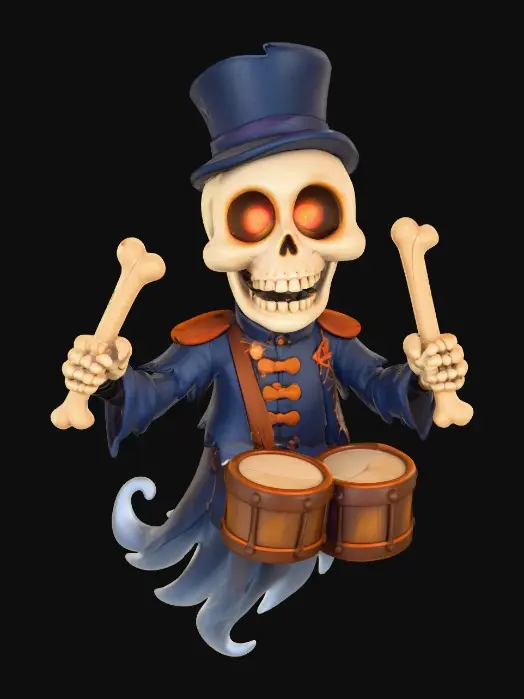 3D model for The Hollow Drummer

skeletal marching-band ghost carrying bone drums, sticks made of femurs, glowing eye sockets, textures: matte bone surface, tattered uniform cloth, faint ethereal glow, full-body symmetrical, #Halloween2025#