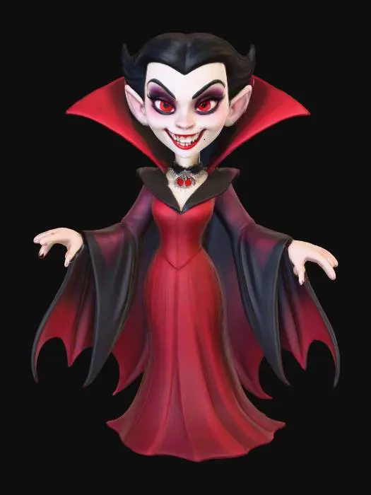 3D model for Countess Vambrina
vampire queen with porcelain skin, scarlet eyes, high collar gown with bat-wing sleeves, fanged smile, textures: smooth pale skin, silk fabric sheen, glossy blood highlights, polished metal jewelry, full-body symmetrical, #Halloween2025#