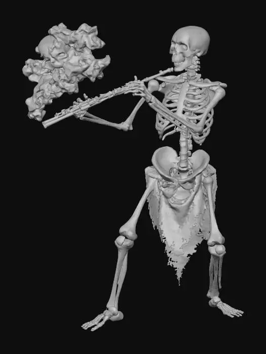 3D model for The Bone Piper

skeleton musician playing flute of bones, ribs carved with runes, glowing mist exiting flute holes, textures: matte bone, engraved symbols, glowing smoke emission, full-body symmetrical