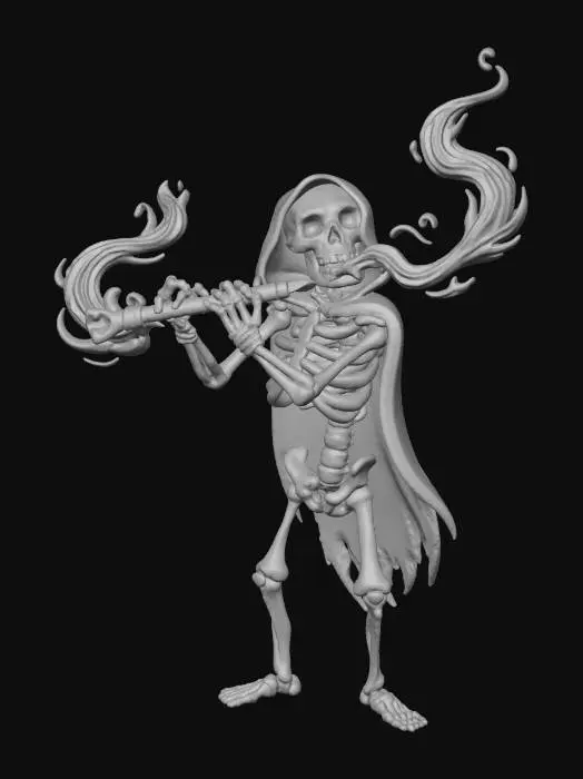 3D model for The Bone Piper
skeleton musician playing flute of bones, ribs carved with runes, glowing mist exiting flute holes, textures: matte bone, engraved symbols, glowing smoke emission, full-body symmetrical on white background, #Halloween2025#