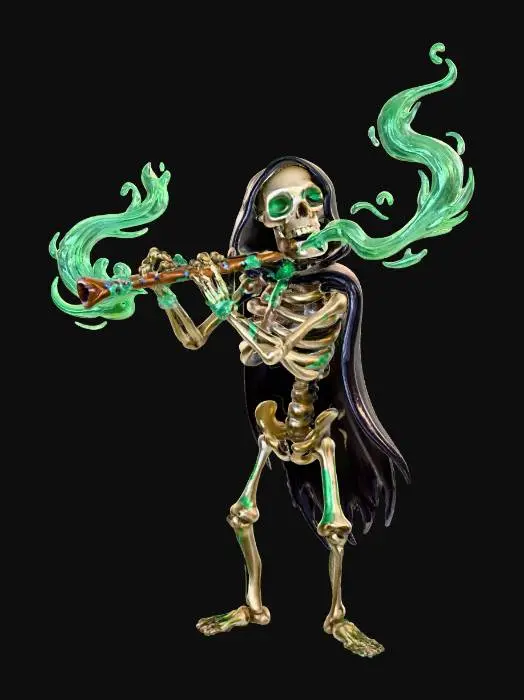3D model for The Bone Piper
skeleton musician playing flute of bones, ribs carved with runes, glowing mist exiting flute holes, textures: matte bone, engraved symbols, glowing smoke emission, full-body symmetrical on white background, #Halloween2025#