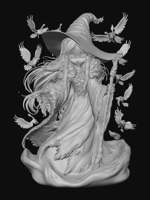 3D model for Mistress of Crows
witch ghost surrounded by spectral ravens, long black hair flowing like smoke, ragged cloak stitched with feathers, textures: matte feather layers, smoky transparency, glowing ember eyes, full-body symmetrical, #Halloween2025#