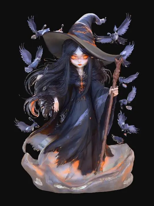 3D model for Mistress of Crows
witch ghost surrounded by spectral ravens, long black hair flowing like smoke, ragged cloak stitched with feathers, textures: matte feather layers, smoky transparency, glowing ember eyes, full-body symmetrical, #Halloween2025#