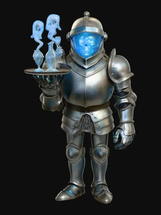 3D model for The Armored Butler

animated suit of armor carrying silver platter of ghostly drinks, helmet glowing blue inside, one hand cracked revealing bone, textures: brushed iron surface, faint rust, polished silver plate, glowing misty interior, full-body symmetrical, #Halloween2025#