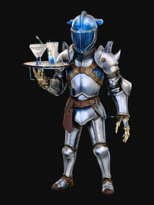 3D model for The Armored Butler

animated suit of armor carrying silver platter of ghostly drinks, helmet glowing blue inside, one hand cracked revealing bone, textures: brushed iron surface, faint rust, polished silver plate, glowing misty interior, full-body symmetrical, #Halloween2025#