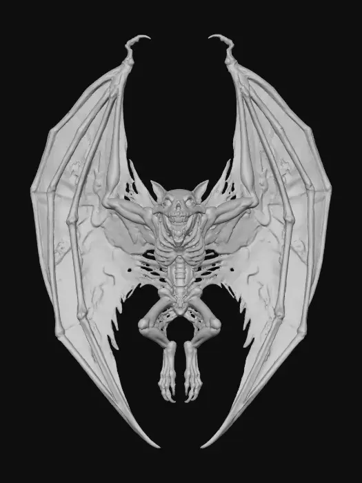 3D model for Nocturnal Wraith, The Grave Bat

> large skeletal bat with tattered wings and glowing orange veins, skull snout smiling unnaturally wide, textures: bone polish, leathery translucent membrane, internal glow texture, faint cracks, full-body symmetrical, #Halloween2025#