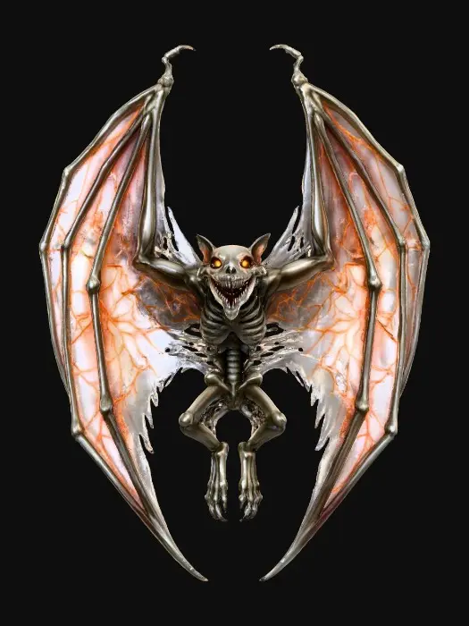 3D model for Nocturnal Wraith, The Grave Bat

> large skeletal bat with tattered wings and glowing orange veins, skull snout smiling unnaturally wide, textures: bone polish, leathery translucent membrane, internal glow texture, faint cracks, full-body symmetrical, #Halloween2025#