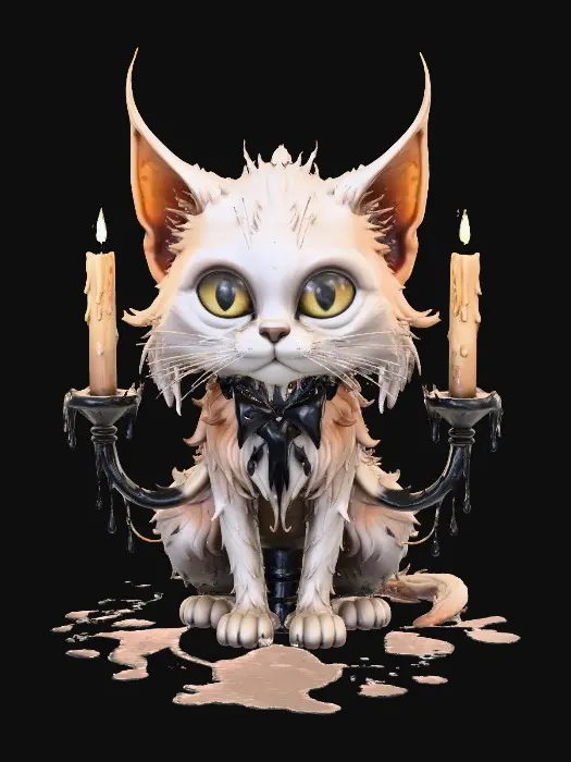3D model for Candlelight Feline, The Haunted Candelabra Cat

two-headed spectral cat with tails shaped like candle flames, wax dripping down fur, textures: semi-melted fur gloss, translucent wax coating, flickering emissive tips, full-body symmetrical, #Halloween2025#