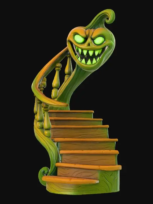 3D model for Haunted Ascent, The Living Staircase

wooden steps forming a spiraling snake shape with glowing green eyes in railing, teeth where creaks emerge, textures: polished woodgrain, glossy enamel teeth, subtle green internal light, aged finish, full-body symmetrical, #Halloween2025#