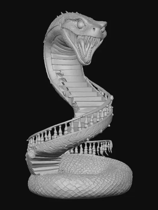 3D model for Serpent Staircase, The Living Staircase

wooden steps forming a spiraling snake shape with glowing green eyes in railing, teeth where creaks emerge, textures: polished woodgrain, glossy enamel teeth, subtle green internal light, aged finish, full-body symmetrical, #Halloween2025#