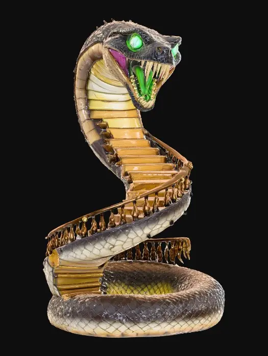 3D model for Serpent Staircase, The Living Staircase

wooden steps forming a spiraling snake shape with glowing green eyes in railing, teeth where creaks emerge, textures: polished woodgrain, glossy enamel teeth, subtle green internal light, aged finish, full-body symmetrical, #Halloween2025#