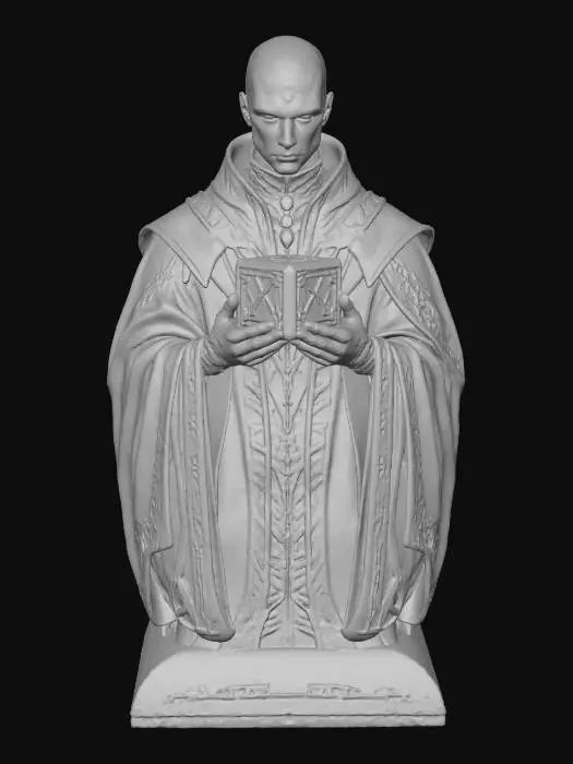 3D model for Enigma of the Occult Cube, The Chainbinder: pale humanoid figure with symmetrical metal patterns embedded in skin, wearing ceremonial black robes with glowing red sigils, holding a geometric cube emitting faint light, textures: polished metal, soft leather, glowing runes, #Halloween2025#