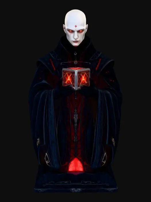 3D model for Enigma of the Occult Cube, The Chainbinder: pale humanoid figure with symmetrical metal patterns embedded in skin, wearing ceremonial black robes with glowing red sigils, holding a geometric cube emitting faint light, textures: polished metal, soft leather, glowing runes, #Halloween2025#