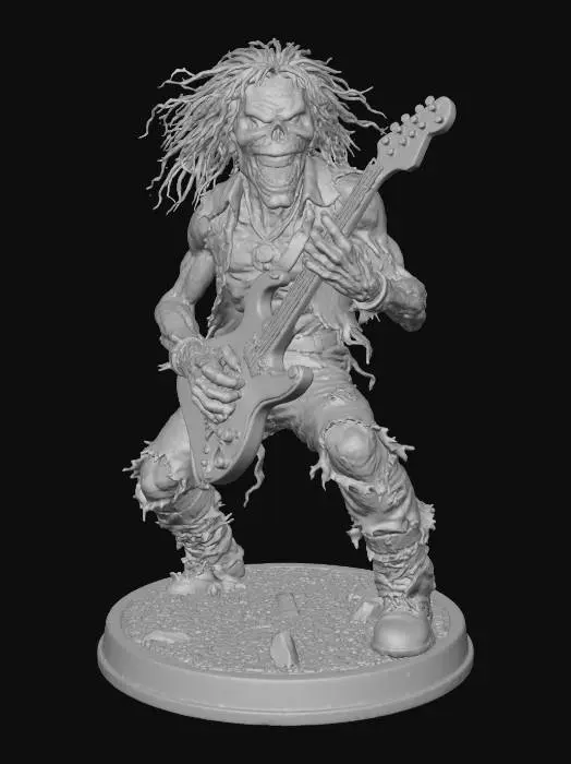 3D model for Create a hyper-detailed 3D model of a menacing undead rock mascot playing an electric guitar, pumpkin medaallion necklace, inspired by classic heavy metal album art. The character should have decaying flesh, glowing red eyes, and a crazed grin with visible teeth. His body is thin but muscular, with leathery, weathered skin and exaggerated facial features — especially the cheekbones and jawline. Style the character’s hair as wild and stringy, like a horror movie ghoul. He should wear tattered jeans, combat boots, and a ripped shirt or jacket with metal-studded accessories. The overall tone should feel rebellious, intense, and energetic, as if he’s the embodiment of heavy metal music. Use dramatic lighting, strong contrasts, and a gritty, hand-painted texture style, #Halloween2025#