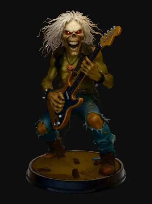 3D model for Create a hyper-detailed 3D model of a menacing undead rock mascot playing an electric guitar, pumpkin medaallion necklace, inspired by classic heavy metal album art. The character should have decaying flesh, glowing red eyes, and a crazed grin with visible teeth. His body is thin but muscular, with leathery, weathered skin and exaggerated facial features — especially the cheekbones and jawline. Style the character’s hair as wild and stringy, like a horror movie ghoul. He should wear tattered jeans, combat boots, and a ripped shirt or jacket with metal-studded accessories. The overall tone should feel rebellious, intense, and energetic, as if he’s the embodiment of heavy metal music. Use dramatic lighting, strong contrasts, and a gritty, hand-painted texture style, #Halloween2025#