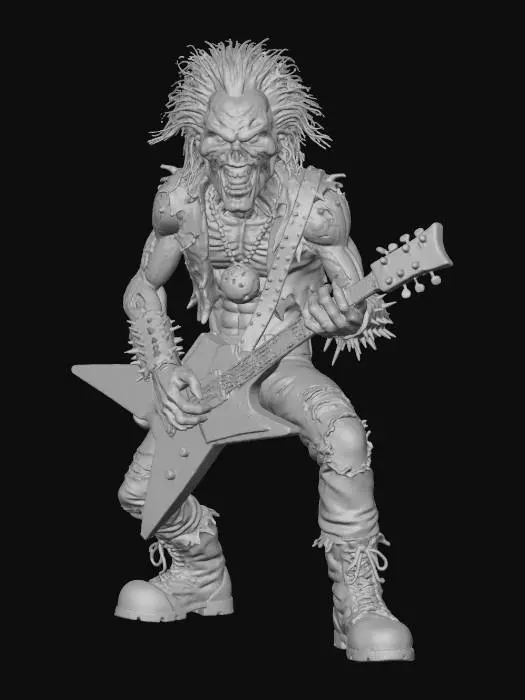 3D model for Create a hyper-detailed 3D model of a menacing undead rock mascot playing an electric guitar, pumpkin medaallion necklace, inspired by classic heavy metal album art. The character should have decaying flesh, glowing red eyes, and a crazed grin with visible teeth. His body is thin but muscular, with leathery, weathered skin and exaggerated facial features — especially the cheekbones and jawline. Style the character’s hair as wild and stringy, like a horror movie ghoul. He should wear tattered jeans, combat boots, and a ripped shirt or jacket with metal-studded accessories. The overall tone should feel rebellious, intense, and energetic, as if he’s the embodiment of heavy metal music. Use dramatic lighting, strong contrasts, and a gritty, hand-painted texture style, #Halloween2025#