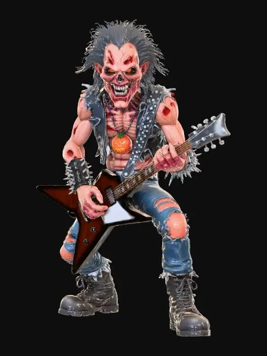 3D model for Create a hyper-detailed 3D model of a menacing undead rock mascot playing an electric guitar, pumpkin medaallion necklace, inspired by classic heavy metal album art. The character should have decaying flesh, glowing red eyes, and a crazed grin with visible teeth. His body is thin but muscular, with leathery, weathered skin and exaggerated facial features — especially the cheekbones and jawline. Style the character’s hair as wild and stringy, like a horror movie ghoul. He should wear tattered jeans, combat boots, and a ripped shirt or jacket with metal-studded accessories. The overall tone should feel rebellious, intense, and energetic, as if he’s the embodiment of heavy metal music. Use dramatic lighting, strong contrasts, and a gritty, hand-painted texture style, #Halloween2025#