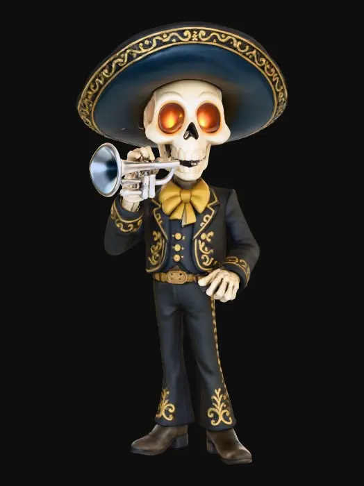 3D model for Mariachi Skeleton Serenade, The Mariachi of Souls

skeletal musician in black suit embroidered with gold, playing glowing silver trumpet, eyes burning like candles, textures: polished bone, satin fabric, metallic trumpet shine, glowing ember eyes, full-body symmetrical, #Halloween2025#
