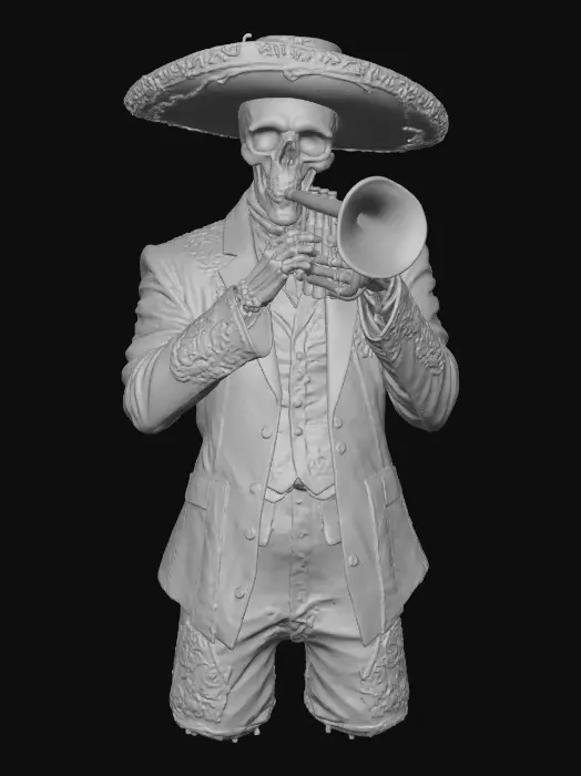 3D model for Mariachi Skeleton Serenade, The Mariachi of Souls

skeletal musician in black suit embroidered with gold, playing glowing silver trumpet, eyes burning like candles, textures: polished bone, satin fabric, metallic trumpet shine, glowing ember eyes, full-body symmetrical, #Halloween2025#