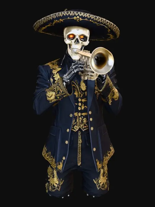 3D model for Mariachi Skeleton Serenade, The Mariachi of Souls

skeletal musician in black suit embroidered with gold, playing glowing silver trumpet, eyes burning like candles, textures: polished bone, satin fabric, metallic trumpet shine, glowing ember eyes, full-body symmetrical, #Halloween2025#