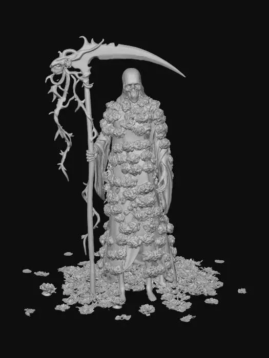 3D model for The Marigold Reaper

skeletal figure with robe made of glowing marigold petals, scythe wrapped in vines, eyes lit golden, textures: soft flower surface, glossy metal blade, glowing fabric texture, pollen-like glow effect, full-body symmetrical, #Halloween2025#