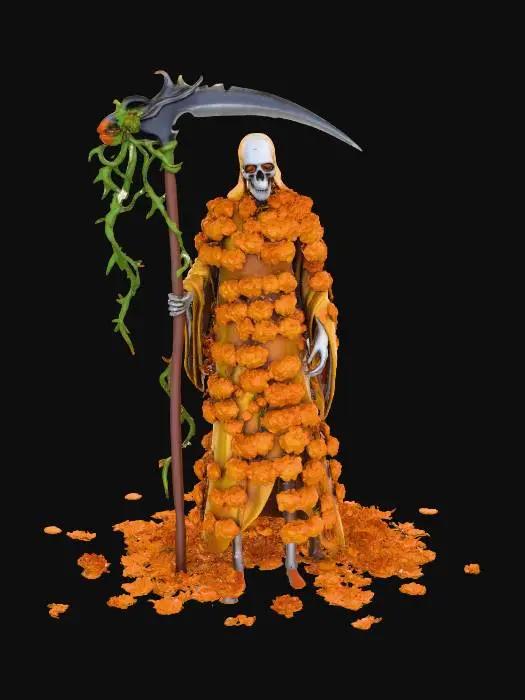 3D model for The Marigold Reaper

skeletal figure with robe made of glowing marigold petals, scythe wrapped in vines, eyes lit golden, textures: soft flower surface, glossy metal blade, glowing fabric texture, pollen-like glow effect, full-body symmetrical, #Halloween2025#