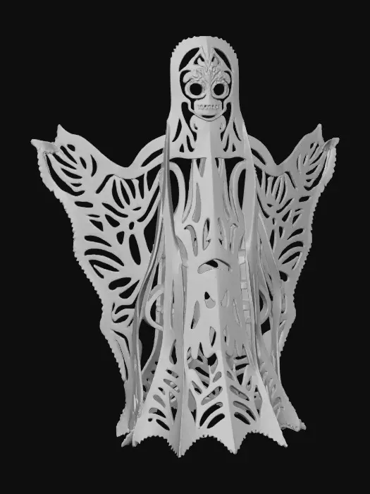 3D model for Spirit of Papercraft, The Papel Picado Ghost

spirit formed from fluttering cut-paper banners, face mask of sugar skull design, body glowing pink and turquoise, textures: thin translucent paper edges, glowing emission pattern, matte shadow accents, floating fold motion, full-body symmetrical, #Halloween2025#