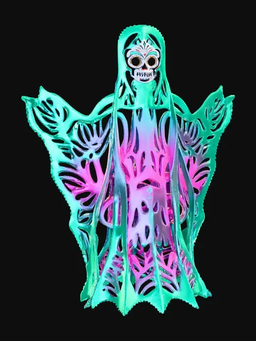 3D model for Spirit of Papercraft, The Papel Picado Ghost

spirit formed from fluttering cut-paper banners, face mask of sugar skull design, body glowing pink and turquoise, textures: thin translucent paper edges, glowing emission pattern, matte shadow accents, floating fold motion, full-body symmetrical, #Halloween2025#