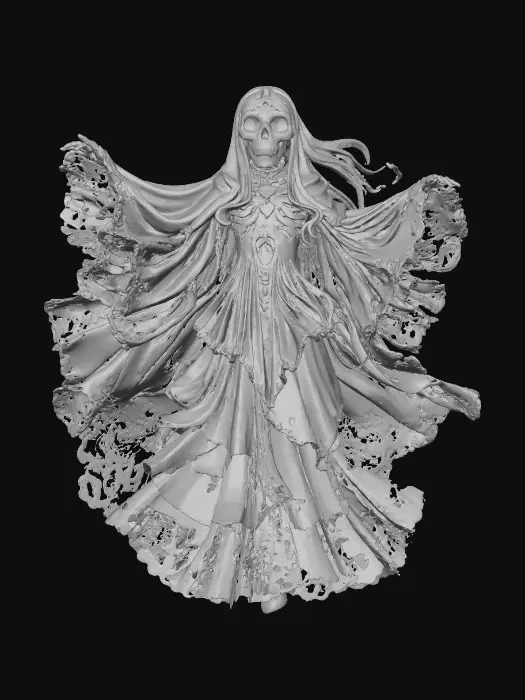 3D model for Ethereal Elegance, The Papel Picado Ghost

spirit formed from fluttering cut-paper banners, face mask of sugar skull design, body glowing pink and turquoise, textures: thin translucent paper edges, glowing emission pattern, matte shadow accents, floating fold motion, full-body symmetrical, #Halloween2025#