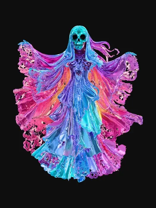 3D model for Ethereal Elegance, The Papel Picado Ghost

spirit formed from fluttering cut-paper banners, face mask of sugar skull design, body glowing pink and turquoise, textures: thin translucent paper edges, glowing emission pattern, matte shadow accents, floating fold motion, full-body symmetrical, #Halloween2025#