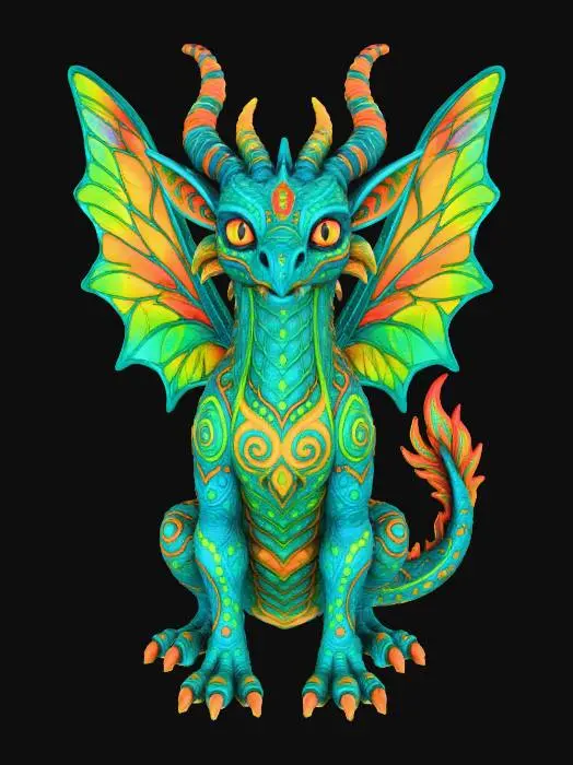 3D model for The Alebrije Dragon

brightly colored mythical dragon creature with wings of glass, body patterned in neon blues, greens, and oranges, textures: glossy painted scales, glowing patterns, translucent glass wings, fine etched lines, full-body symmetrical, 3d and 8000k, emphasised features, #Halloween2025#