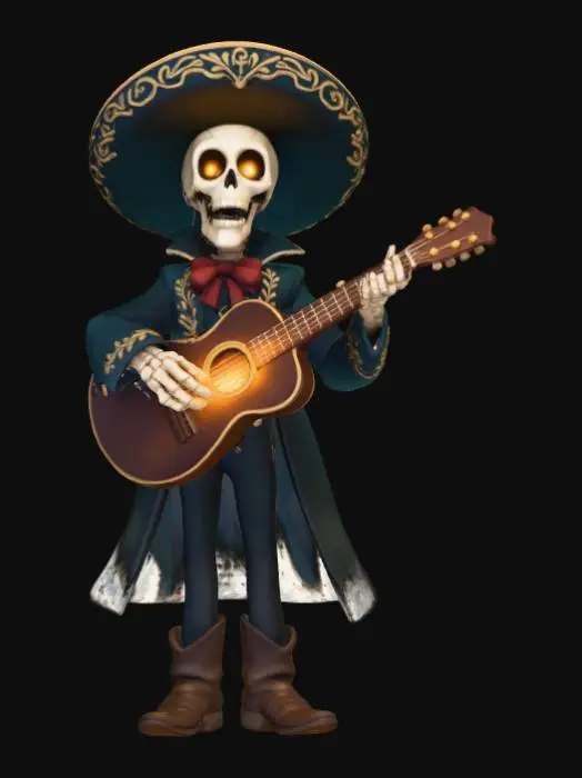 3D model for Mariachi Skeleton, El Charro Fantasma

> ghostly cowboy skeleton with glowing guitar, wide sombrero decorated in gold lace, cloak flowing like smoke, textures: embroidered velvet, bone polish, glowing string light, soft haze effects, full-body symmetrical, #Halloween2025#