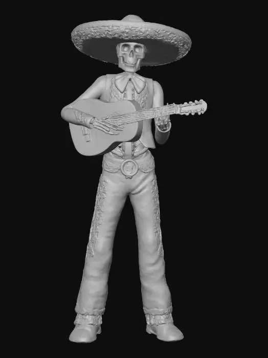 3D model for El Charro Fantasma > ghostly cowboy skeleton with glowing guitar, wide sombrero decorated in gold lace, cloak flowing like smoke, textures: embroidered velvet, bone polish, glowing string light, soft haze effects, full-body symmetrical on white background, 8000k, 3d animated, high quality, #Halloween2025#