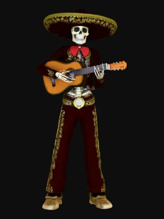 3D model for El Charro Fantasma > ghostly cowboy skeleton with glowing guitar, wide sombrero decorated in gold lace, cloak flowing like smoke, textures: embroidered velvet, bone polish, glowing string light, soft haze effects, full-body symmetrical on white background, 8000k, 3d animated, high quality, #Halloween2025#