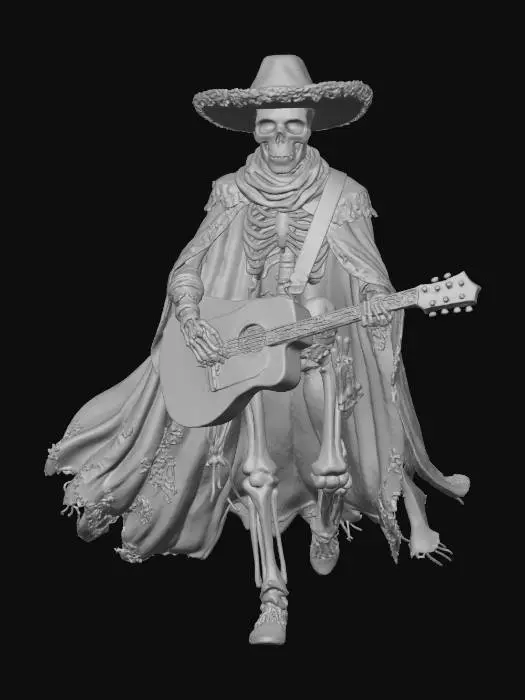 3D model for El Charro Fantasma > ghostly cowboy skeleton with glowing guitar, wide sombrero decorated in gold lace, cloak flowing like smoke, textures: embroidered velvet, bone polish, glowing string light, soft haze effects, full-body symmetrical on white background, 8000k, 3d animated, high quality, #Halloween2025#