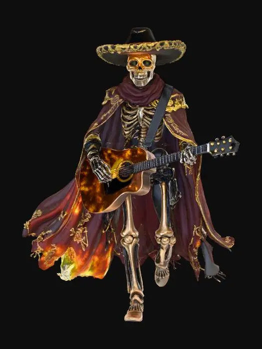 3D model for El Charro Fantasma > ghostly cowboy skeleton with glowing guitar, wide sombrero decorated in gold lace, cloak flowing like smoke, textures: embroidered velvet, bone polish, glowing string light, soft haze effects, full-body symmetrical on white background, 8000k, 3d animated, high quality, #Halloween2025#