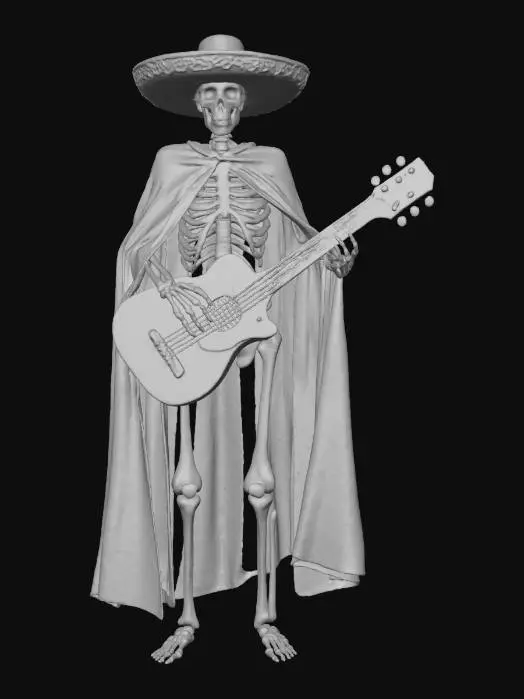 3D model for El Charro Fantasma > ghostly cowboy skeleton with glowing guitar, wide sombrero decorated in gold lace, cloak flowing like smoke, textures: embroidered velvet, bone polish, glowing string light, soft haze effects, full-body symmetrical on white background, 8000k, 3d animated, high quality, #Halloween2025#