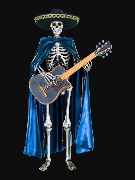 3D model for El Charro Fantasma > ghostly cowboy skeleton with glowing guitar, wide sombrero decorated in gold lace, cloak flowing like smoke, textures: embroidered velvet, bone polish, glowing string light, soft haze effects, full-body symmetrical on white background, 8000k, 3d animated, high quality, #Halloween2025#
