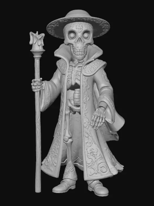 3D model for The Sugar Skull Sorcerer tall skeletal mage covered in glowing sugar patterns, wielding staff tipped with candle flame, robes swirling with marigold motifs, textures: glossy enamel bone, matte fabric, glowing edge lines, translucent fire glow, full-body symmetrical, #Halloween2025#