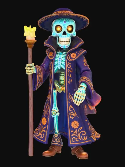 3D model for The Sugar Skull Sorcerer tall skeletal mage covered in glowing sugar patterns, wielding staff tipped with candle flame, robes swirling with marigold motifs, textures: glossy enamel bone, matte fabric, glowing edge lines, translucent fire glow, full-body symmetrical, #Halloween2025#