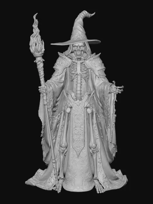 3D model for The Sugar Skull Sorcerer tall skeletal mage covered in glowing sugar patterns, wielding staff tipped with candle flame, robes swirling with marigold motifs, textures: glossy enamel bone, matte fabric, glowing edge lines, translucent fire glow, full-body symmetrical, #Halloween2025#