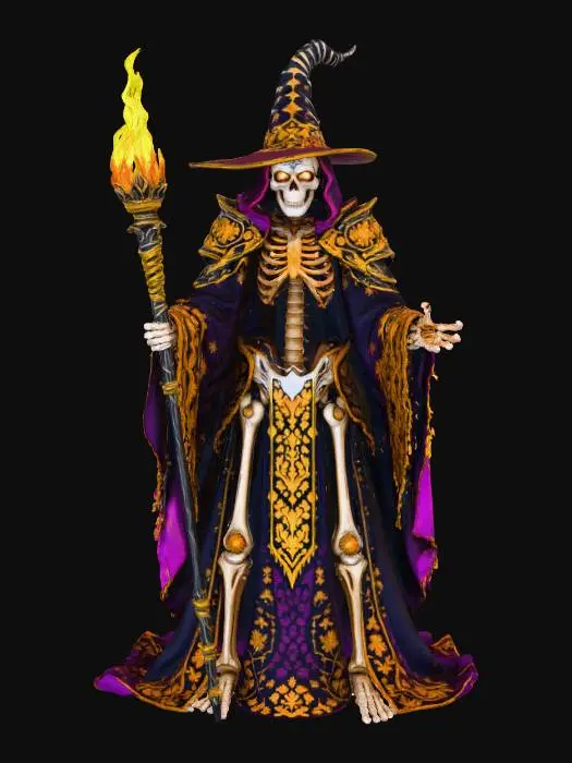 3D model for The Sugar Skull Sorcerer tall skeletal mage covered in glowing sugar patterns, wielding staff tipped with candle flame, robes swirling with marigold motifs, textures: glossy enamel bone, matte fabric, glowing edge lines, translucent fire glow, full-body symmetrical, #Halloween2025#